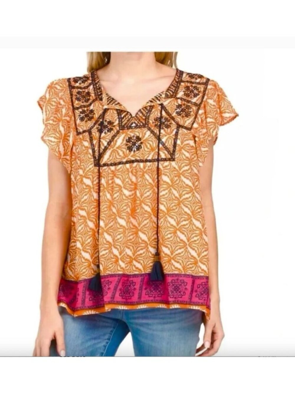 RACHEL ZOE Orange Boho Flutter Sleeve Embroidered Blouse Size Medium‎